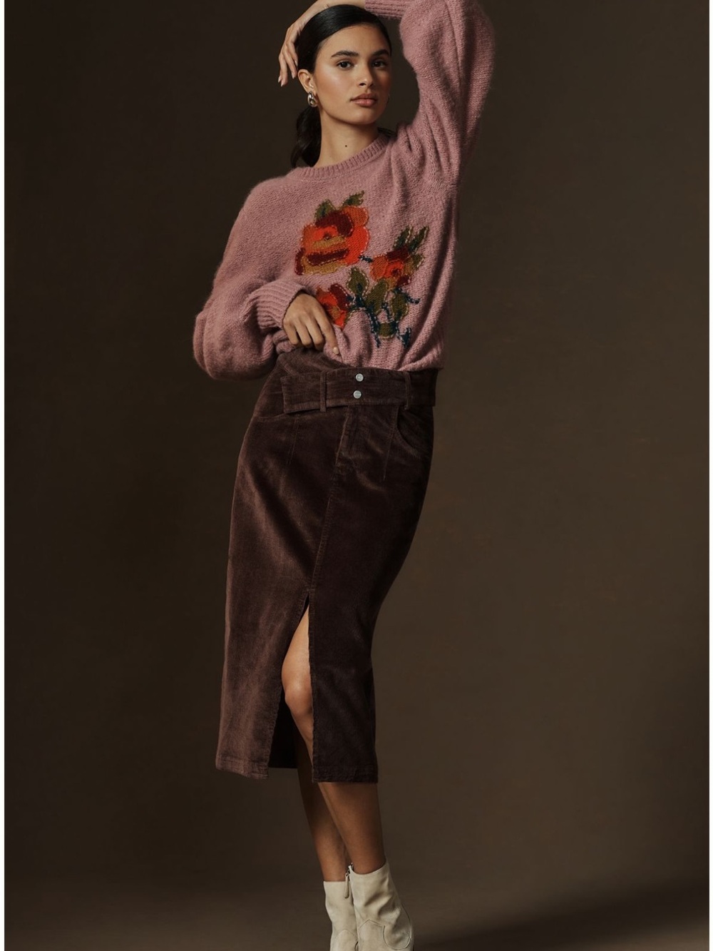 Anthropologie Pilcro Brown Corduroy Midi Skirt Double Waist Pencil Retro